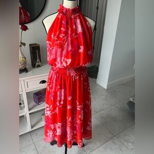 Frank Lyman Design Red and Pink Floral Halter Midi Dress